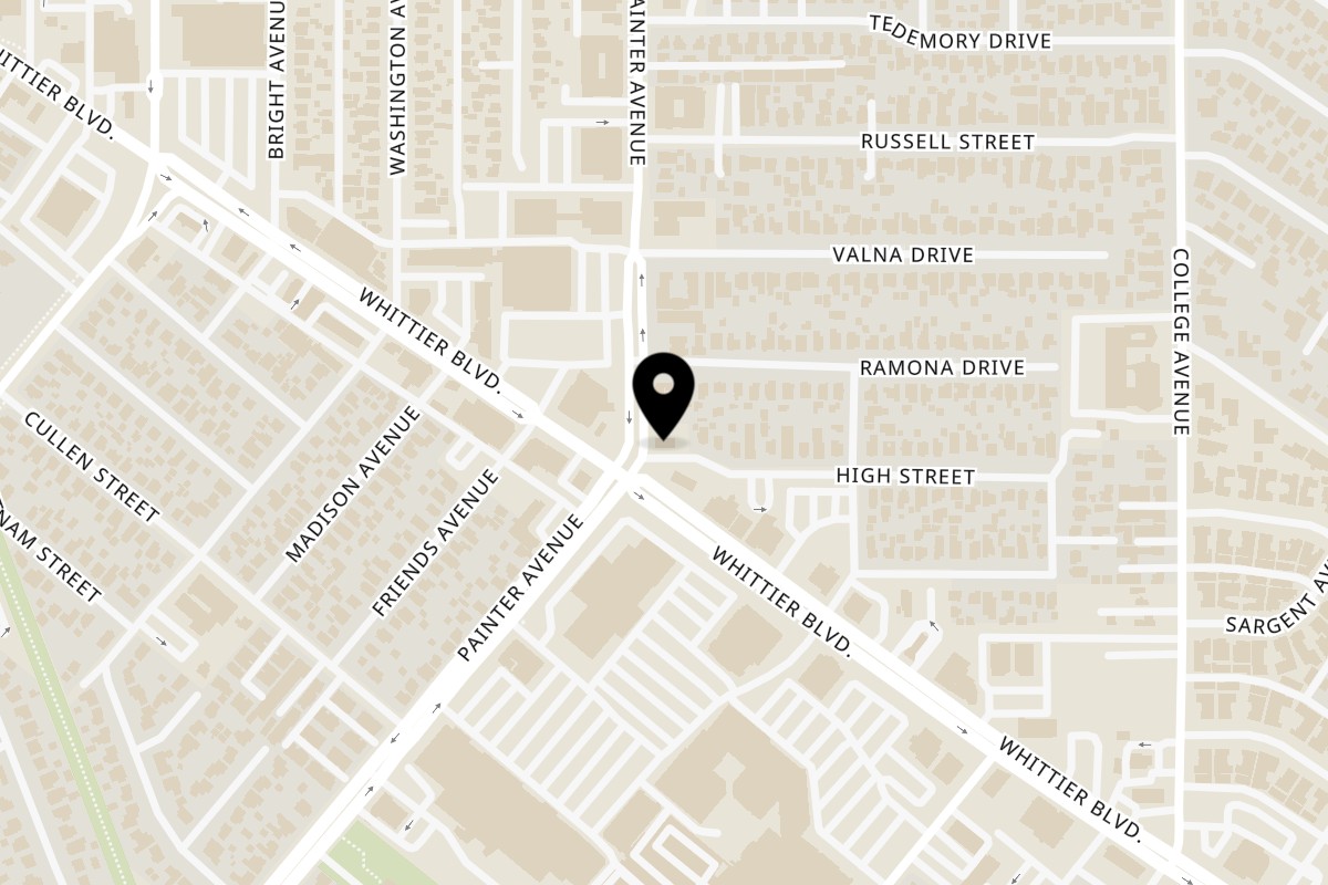 Map showing the location of Ronin BBQ Teriyaki on 8250 Painter Ave in Whittier